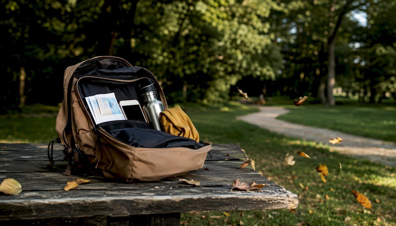 Organized walking tour daypack displayed outdoors