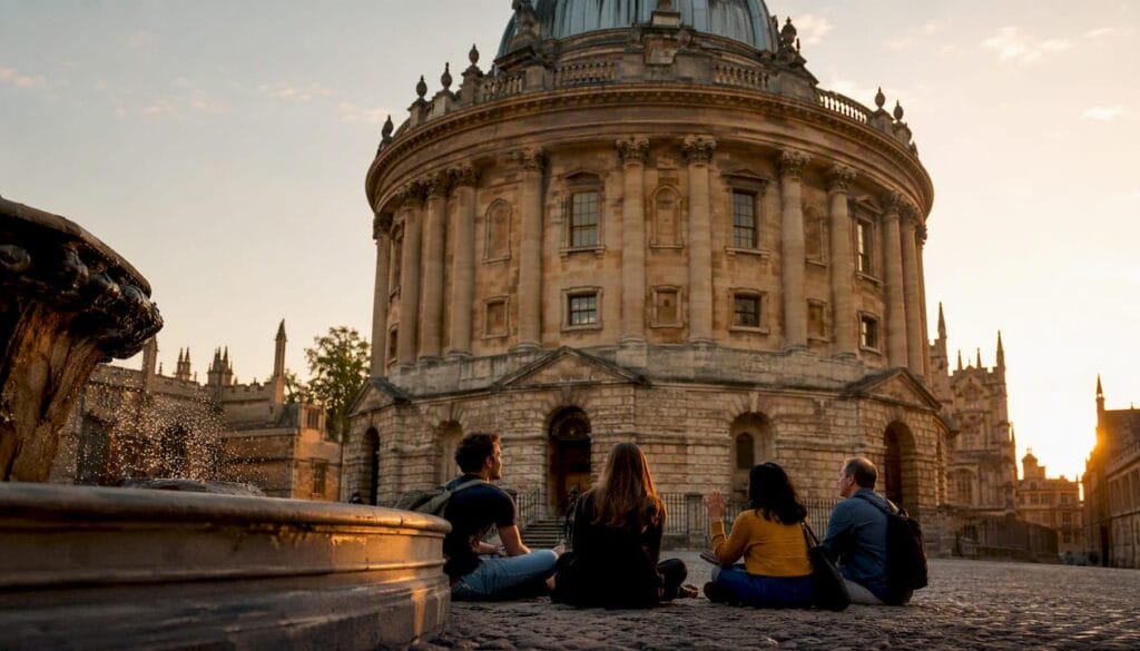 Radcliffe Camera building in Oxford square with tourists