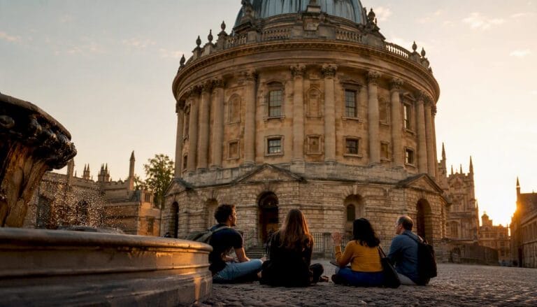 Radcliffe Camera building in Oxford square with tourists