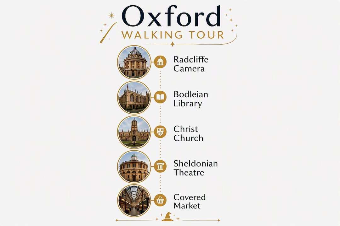 Infographic showing key stops on Oxford walking tour