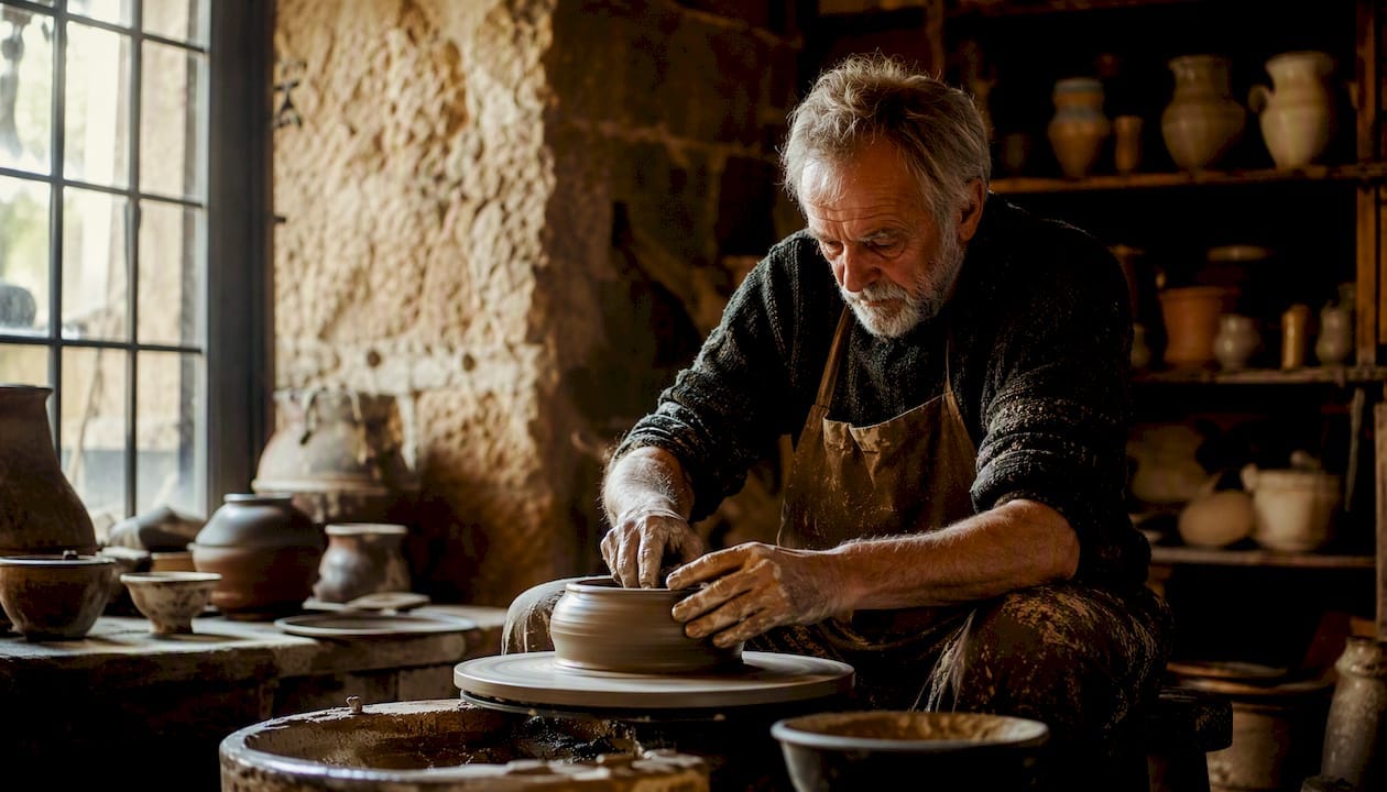 Craftsman shaping pottery on wheel