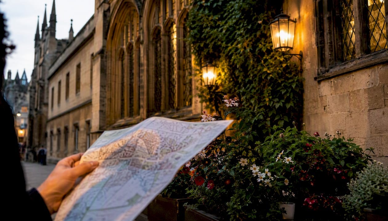 Oxford medieval college lit by golden hour