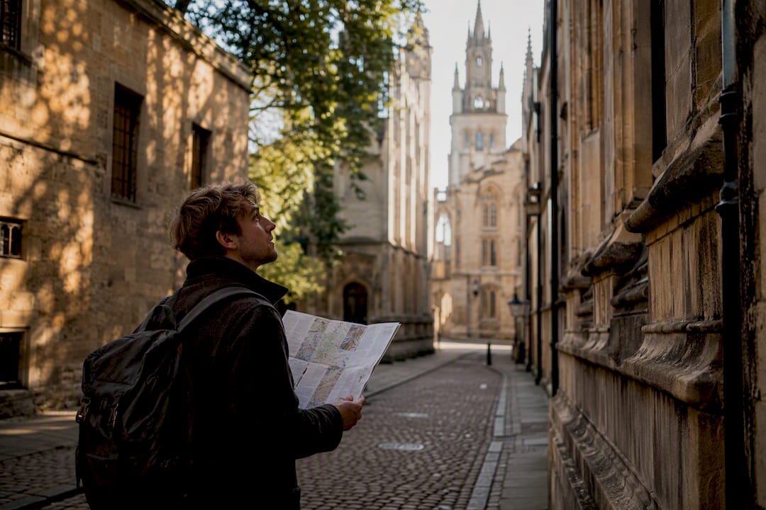 Tourist consulting map near Oxford filming site