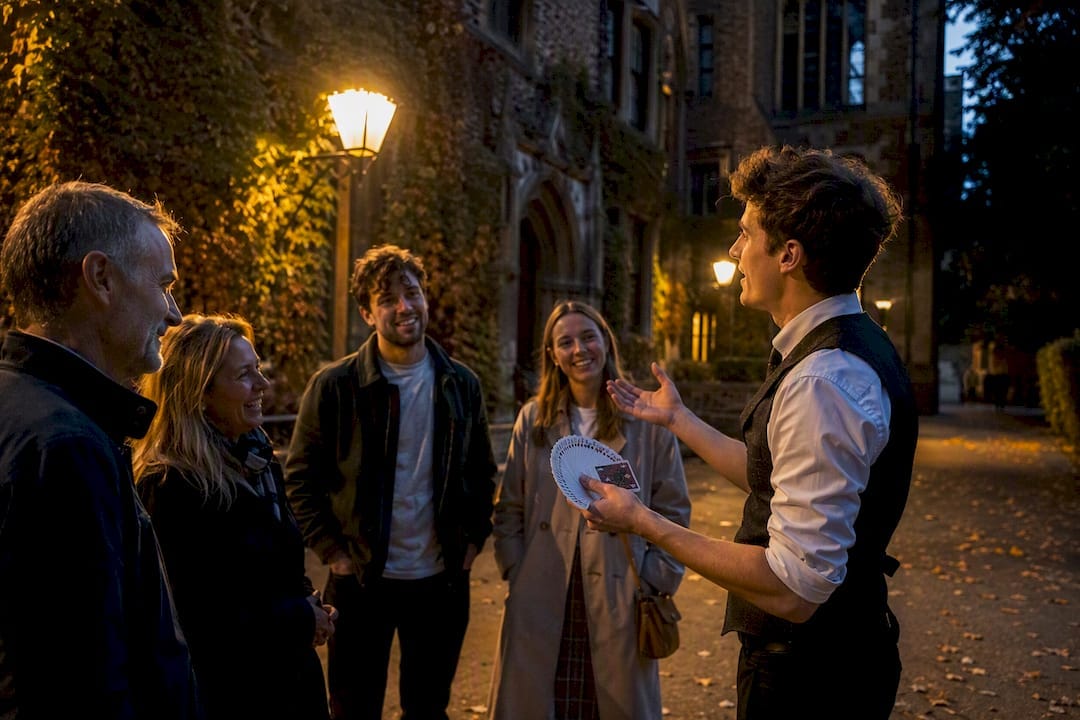 Magician performing card flourish outside Oxford college