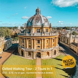 Promotional poster for Oxford University Walking Tour, showcasing famous university landmarks, a group of tourists, and a clear day